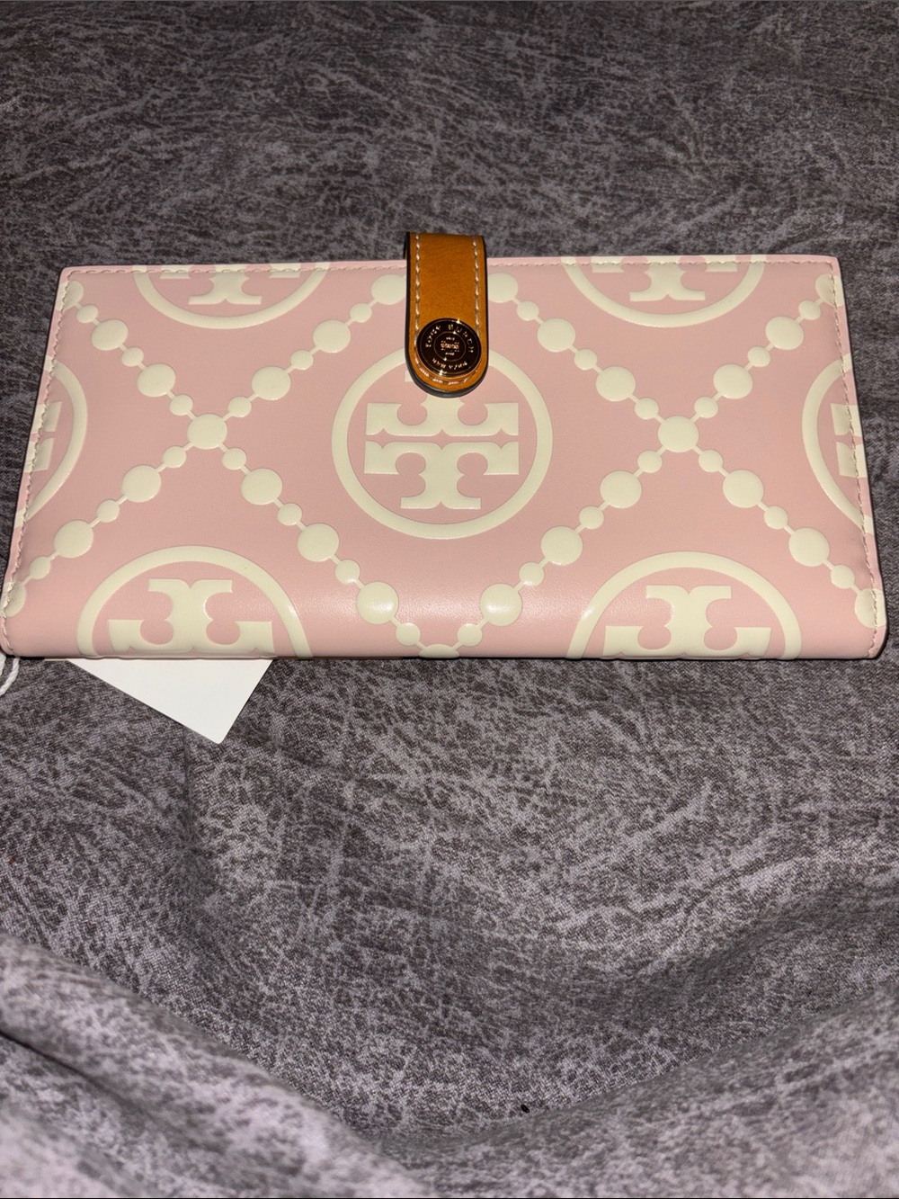 Tory Burch Pink & Cream Logo-Print Leather Card Holder with Tan Snap